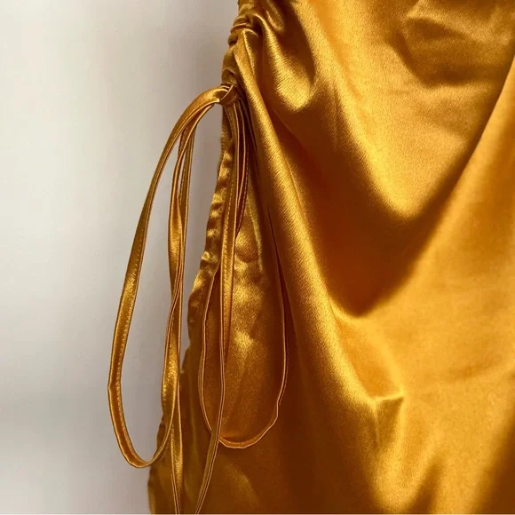 Mustard Midi Spaghetti Strap Bodycon Drawstring Ruched Side Slit Dress| Small - Picture 5 of 11